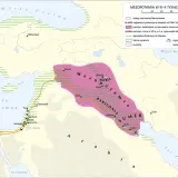 Mapa Mezopotamii z zaznaczoną wędrówką Abrahama do Kanaanu, gdzie osiedlili się izraelici.