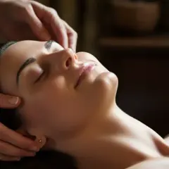Kobieta z zamkniętymi oczami doświadcza kojącego dotyku podczas sesji reiki, odczuwając głęboki relaks i spokój.