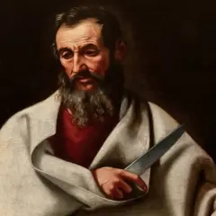 Portret apostoła utożsamianego z Bartłomiejem, z brodą i nożem w dłoni, w białym płaszczu.