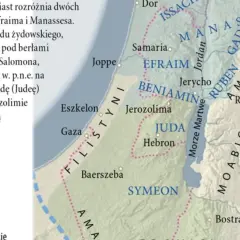 Mapa starożytnego Izraela z podziałem na plemiona. Widać Jerozolimę, Hebron i Samarię. Bóg prowadził swój lud.
