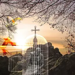 Uwięziona postać w klatce, symbolizująca duchowe poszukiwania w nowej erze. Ptaki w locie, wolność i nadzieja.