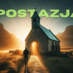 Człowiek idzie w stronę kościoła o zachodzie słońca. Czy to droga do wiary, czy apostazja?