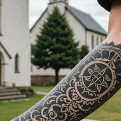 Ramię z tatuażem kompasu na tle kościoła. Czy tatuaż to grzech? Pytanie pozostaje otwarte.