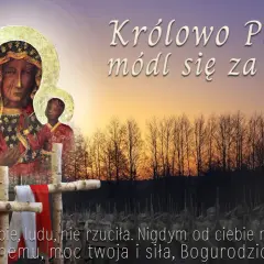 Ikona Matki Boskiej z Dzieciątkiem, różaniec, krzyże, polska flaga i tekst.