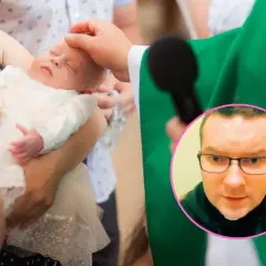 Chrzest dziecka, które może być nieślubne, odbywa się w kościele. W tle widać księdza i małą dziewczynkę w białej sukience.