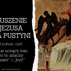 Obraz przedstawia kuszenie Jezusa na pustyni przez diabła.