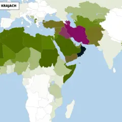 Mapa świata pokazująca rozmieszczenie odłamów islamu. Dominacja sunnizmu w większości krajów, z widocznymi obszarami szyizmu i ibadytyzmu.