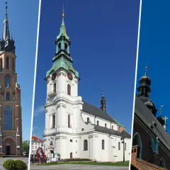 Trzy imponujące budowle sakralne: bazylika z dwiema wieżami, biała świątynia z zieloną kopułą i ceglana wieża. Co to za kolegiata?