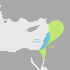 Mapa przedstawia obszar Kanaan, z podziałem na Kanaan "tradycyjny" (niebieski) i Kanaan "biblijny" (zielony).