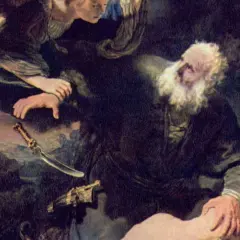 Anioł powstrzymuje rękę Abrahama, by nie złożył syna w ofierze. Obok leży nóż, symbol okrutnego moloch.