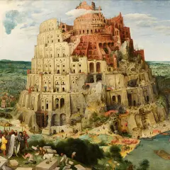 Monumentalna wieża Babel wznosi się ku niebu, otoczona miastem i morzem. Dzieło sztuki przedstawia biblijną opowieść o ambicji i karze.