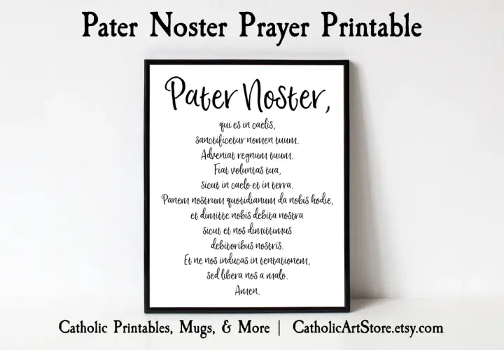 Czarna ramka z tekstem "Pater Noster" po łacinie. Modlitwa "Ojcze nasz po łacinie" na białym tle.