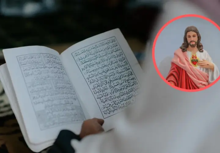 Otwarta księga z arabskim pismem obok wizerunku Jezusa. Jezus w islamie jest prorokiem, a jego narodziny są cudem.