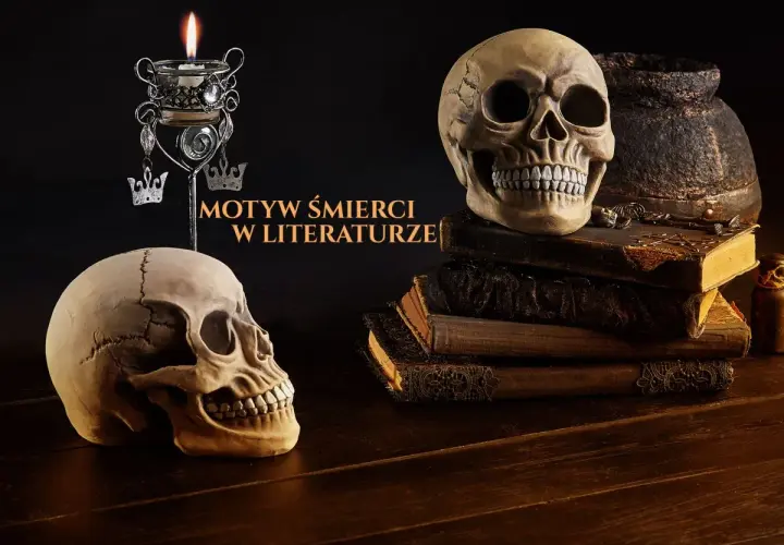 Dwa ludzkie czaszki, świeca i stare księgi tworzą mroczną atmosferę, nawiązującą do demonologii i motywów śmierci w literaturze.
