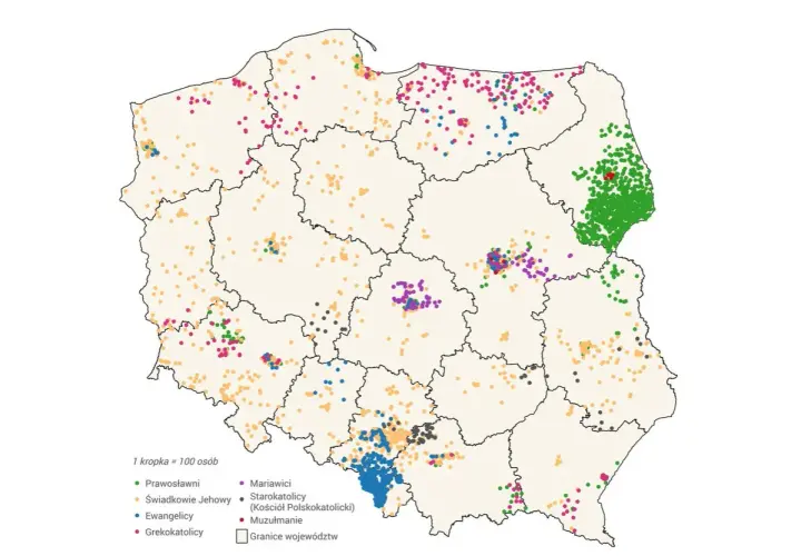 Mapa Polski z kropkami oznaczającymi rozmieszczenie różnych grup wyznaniowych. Różnorodność religii w Polsce widoczna na pierwszy rzut oka.