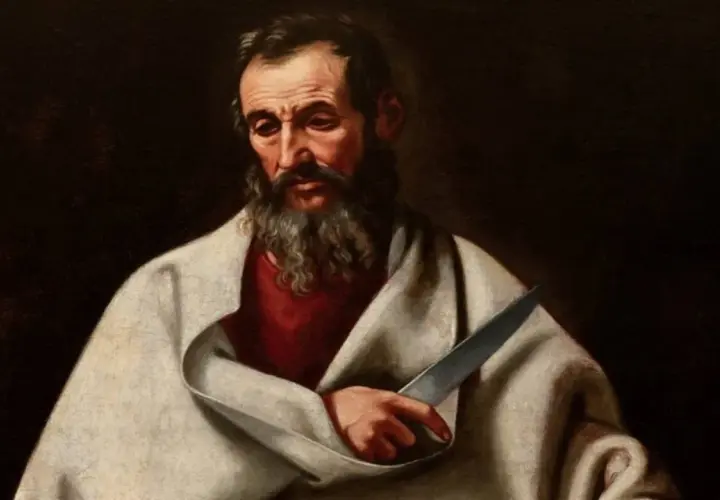 Portret apostoła utożsamianego z Bartłomiejem, z brodą i nożem w dłoni, w białym płaszczu.