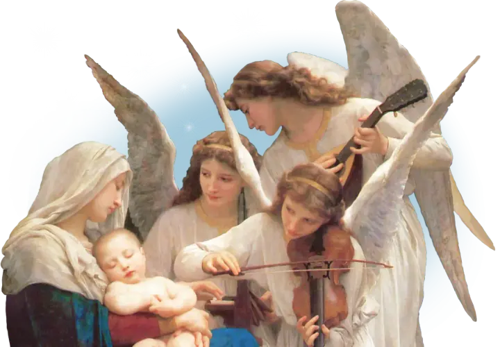 Anioły grające muzykę dla śpiącego Dzieciątka i Matki Bożej. W tle gwiazdy i księżyc. Modlitwa do Michała Archanioła.