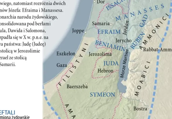 Mapa starożytnego Izraela z podziałem na plemiona. Widać Jerozolimę, Hebron i Samarię. Bóg prowadził swój lud.