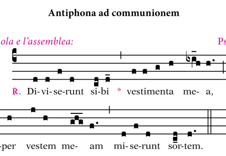 Antyfona "Di-vi-se-runt si-bi vestimenta me-a" z nutami. Tekst dla scholi i zgromadzenia.