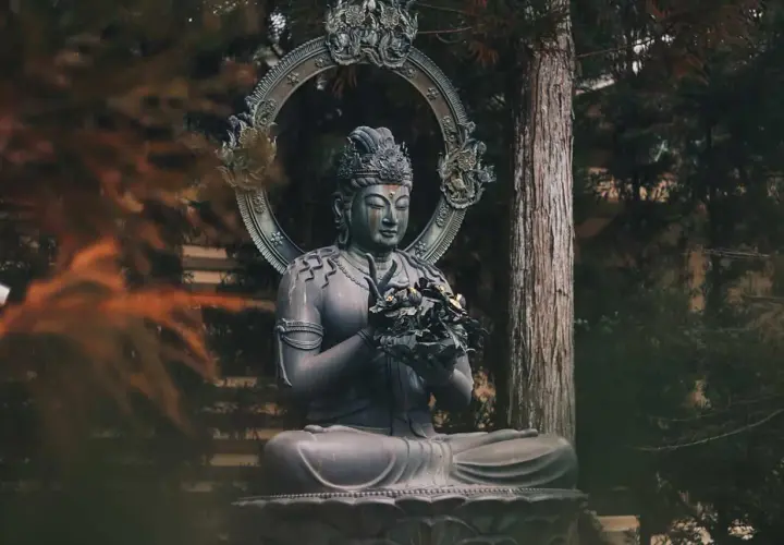 Kamienna statua Buddy w pozycji medytacyjnej, otoczona drzewami. Symbol spokoju i buddyzmu.