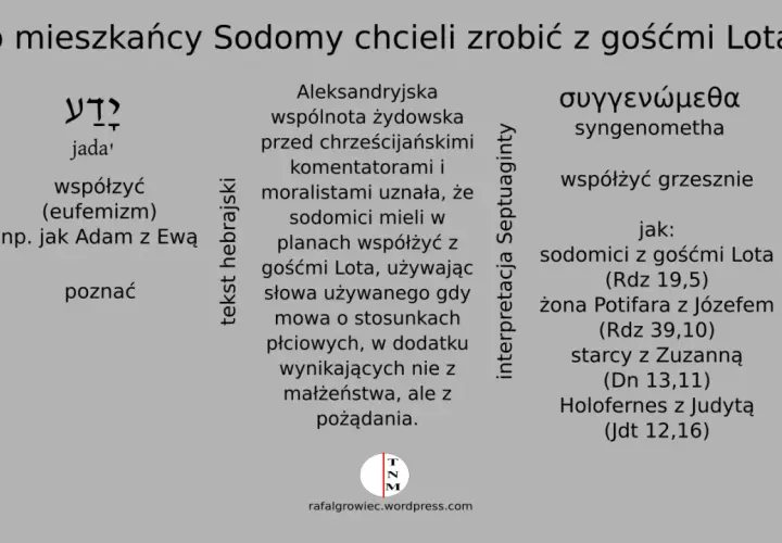 Tekst omawia, jak mieszkańcy Sodomy chcieli współżyć z gośćmi Lota, używając słowa oznaczającego grzeszne zbliżenie.