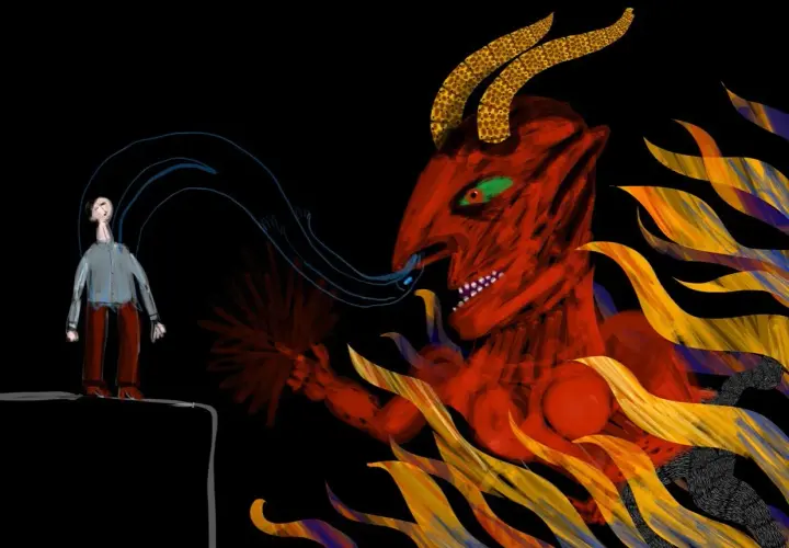 Czerwony demon z rogami, przypominający sukkuba, wyciąga rękę do człowieka.