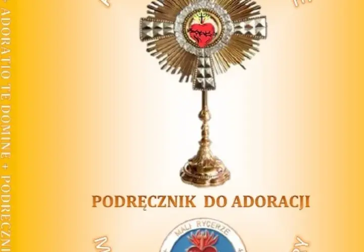 Złota monstrancja z Sercem Jezusa, symbol godzinna adoracja najświętszego sakramentu. Podręcznik do adoracji.