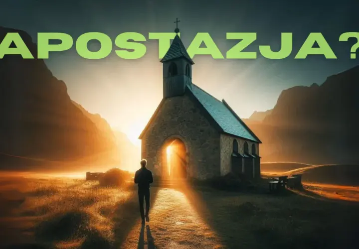Człowiek idzie w stronę kościoła o zachodzie słońca. Czy to droga do wiary, czy apostazja?