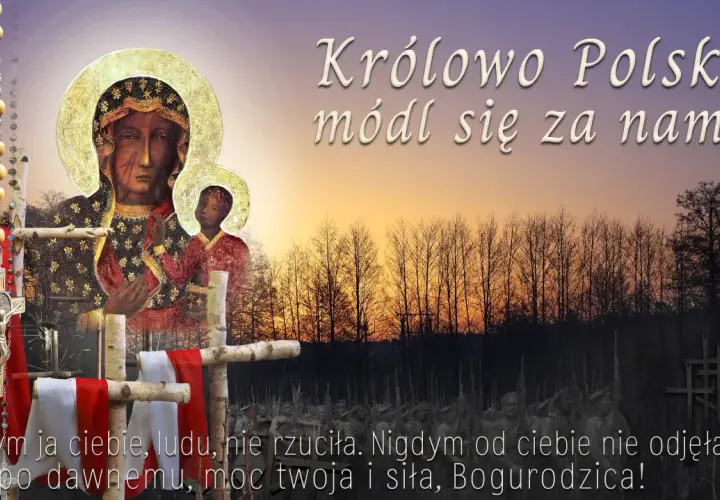 Ikona Matki Boskiej z Dzieciątkiem, różaniec, krzyże, polska flaga i tekst.