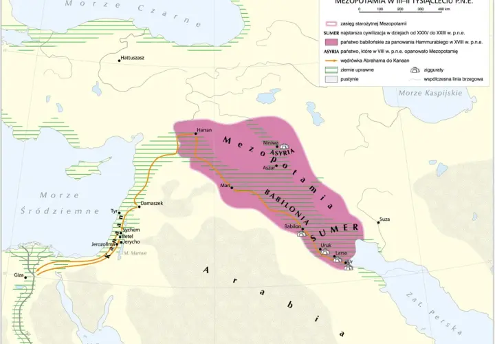 Mapa Mezopotamii z zaznaczoną wędrówką Abrahama do Kanaanu, gdzie osiedlili się izraelici.