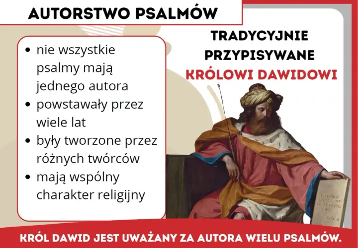 Król Dawid, tradycyjnie przypisywany autor wielu psalmów, siedzi z księgą. Tekst informuje o autorstwie psalmów.