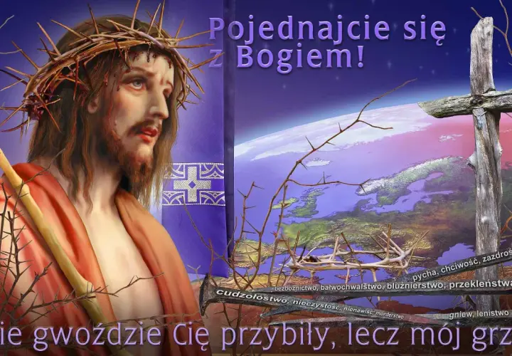 Obraz przedstawia cierpiącego Jezusa w koronie cierniowej, symbolizującego modlitwę o przebaczenie grzechu ciężkiego. Krzyż i ziemia w tle podkreślają wagę grzechu.