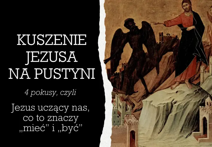 Obraz przedstawia kuszenie Jezusa na pustyni przez diabła.