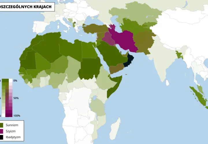 Mapa świata pokazująca rozmieszczenie odłamów islamu. Dominacja sunnizmu w większości krajów, z widocznymi obszarami szyizmu i ibadytyzmu.