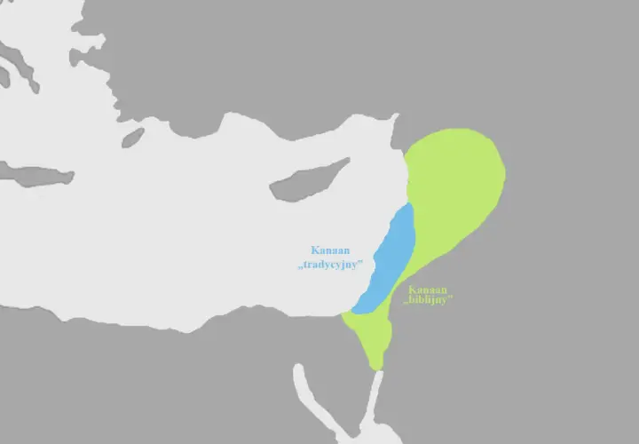 Mapa przedstawia obszar Kanaan, z podziałem na Kanaan "tradycyjny" (niebieski) i Kanaan "biblijny" (zielony).