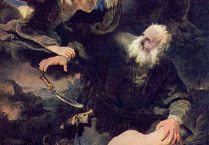 Anioł powstrzymuje rękę Abrahama, by nie złożył syna w ofierze. Obok leży nóż, symbol okrutnego moloch.