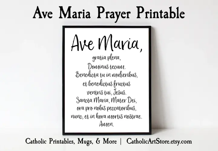 Wydruk modlitwy "Zdrowaś Mario po łacinie" (Ave Maria). Piękny tekst modlitwy w ramce.