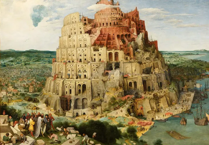 Monumentalna wieża Babel wznosi się ku niebu, otoczona miastem i morzem. Dzieło sztuki przedstawia biblijną opowieść o ambicji i karze.