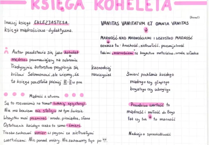 Mądrość Koheleta: "Marność nad marnościami" to refleksja nad nietrwałością dóbr doczesnych, takich jak bogactwo, uroda czy władza.