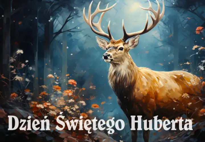 Majestatyczny jeleń w lesie, otoczony jesiennymi kwiatami. 14 listopada to Dzień Świętego Huberta, patrona myśliwych.