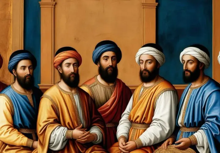 Sześciu mężczyzn w barwnych szatach i turbanach. Kim jest eunuch? To pytanie, które może pojawić się, patrząc na te postacie.