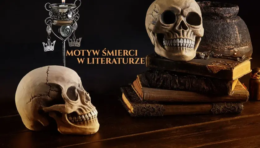 Dwa ludzkie czaszki, świeca i stare księgi tworzą mroczną atmosferę, nawiązującą do demonologii i motywów śmierci w literaturze.