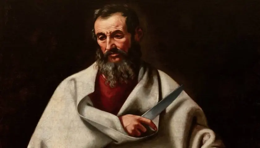 Portret apostoła utożsamianego z Bartłomiejem, z brodą i nożem w dłoni, w białym płaszczu.