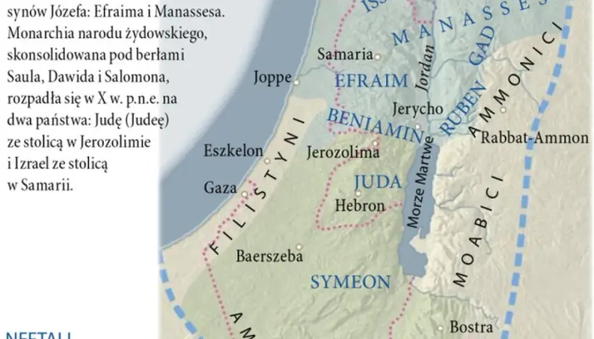 Mapa starożytnego Izraela z podziałem na plemiona. Widać Jerozolimę, Hebron i Samarię. Bóg prowadził swój lud.