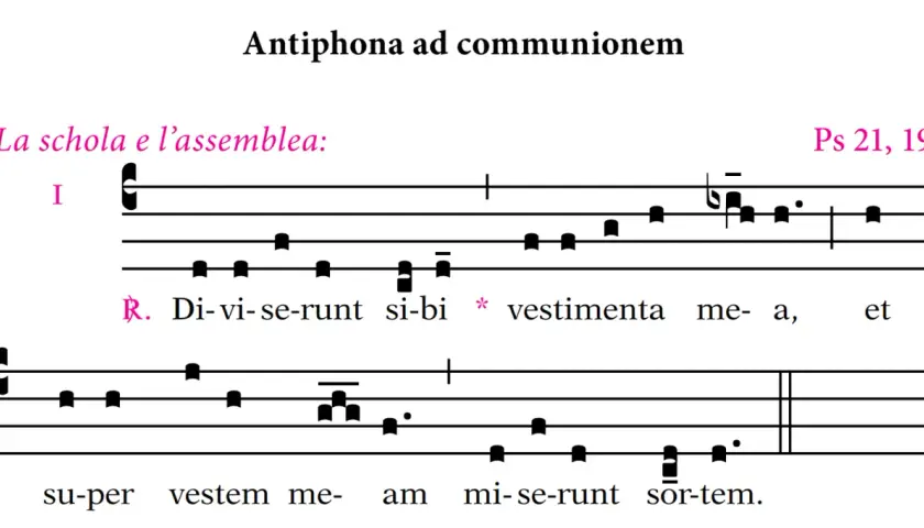 Antyfona "Di-vi-se-runt si-bi vestimenta me-a" z nutami. Tekst dla scholi i zgromadzenia.