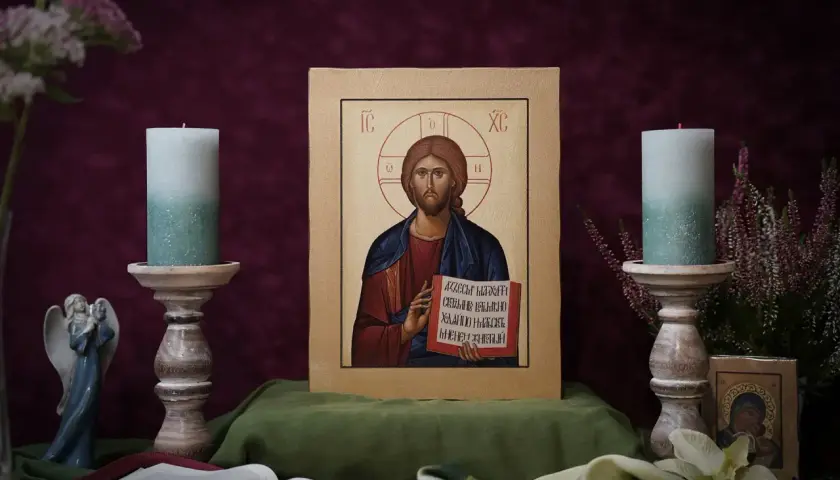 Ikona Chrystusa Pantokratora, otoczona świecami i kwiatami, emanuje spokojem.