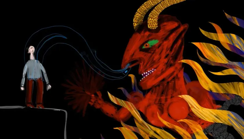 Czerwony demon z rogami, przypominający sukkuba, wyciąga rękę do człowieka.