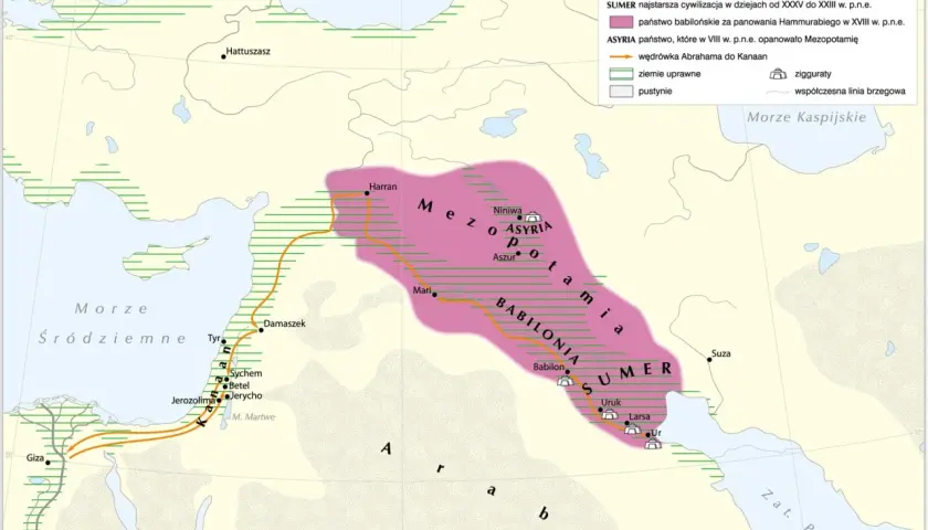 Mapa Mezopotamii z zaznaczoną wędrówką Abrahama do Kanaanu, gdzie osiedlili się izraelici.