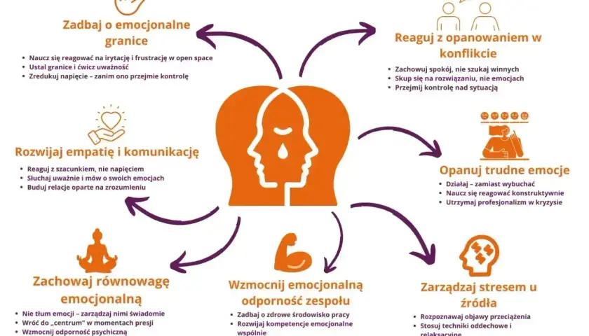 Grafika przedstawia schemat zarządzania emocjami w pracy. Pokazuje, jak co to jest sumienie, gdy dbamy o granice, rozwijamy empatię, opanowujemy emocje, zachowujemy równowagę, wzmacniamy odporność zespołu i reagujemy w konfliktach.