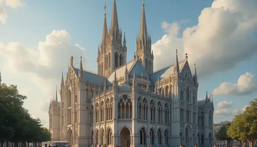 Majestatyczna katedra w stylu historyzm, z licznymi wieżyczkami i łukami, na tle błękitnego nieba z chmurami.